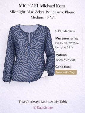 Michael Kors Zebra Print Sheer Tunic Blouse Midnight Blue NWT Medium